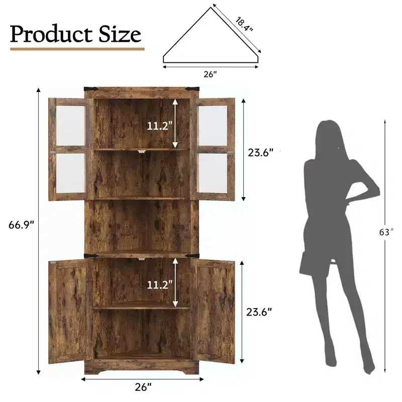 67 in Tall Corner Storage Cabinet with Lights, Farmhouse Corner Hutch Display Cabinet with Glass Doors, Wooden Storage Organizer for Kitchen, Bathroom – Image 2