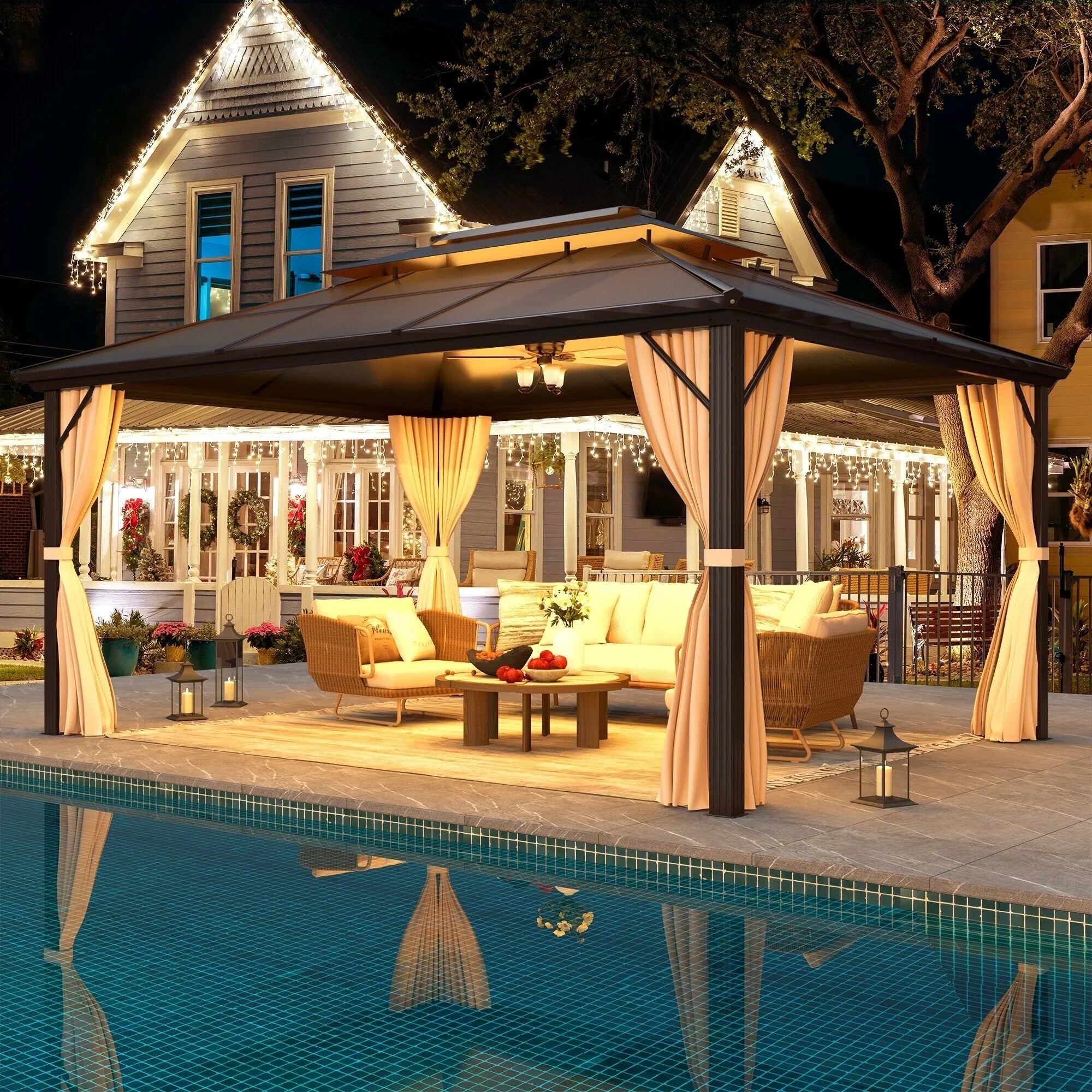 EROMMY Hardtop Gazebo,Outdoor Pergola with Double Roof & Netting & Curtains,Heavy Duty Canopy for Patio, Backyard, Pool party – Image 83