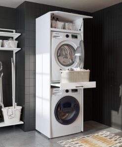 • Armoire de machine à laver pour sèche-linge et machine à laver • Avec planche coulissante • Blanc • Chêne noir • Armoire superposée (blanc, avec armoire pliante de 22 cm)