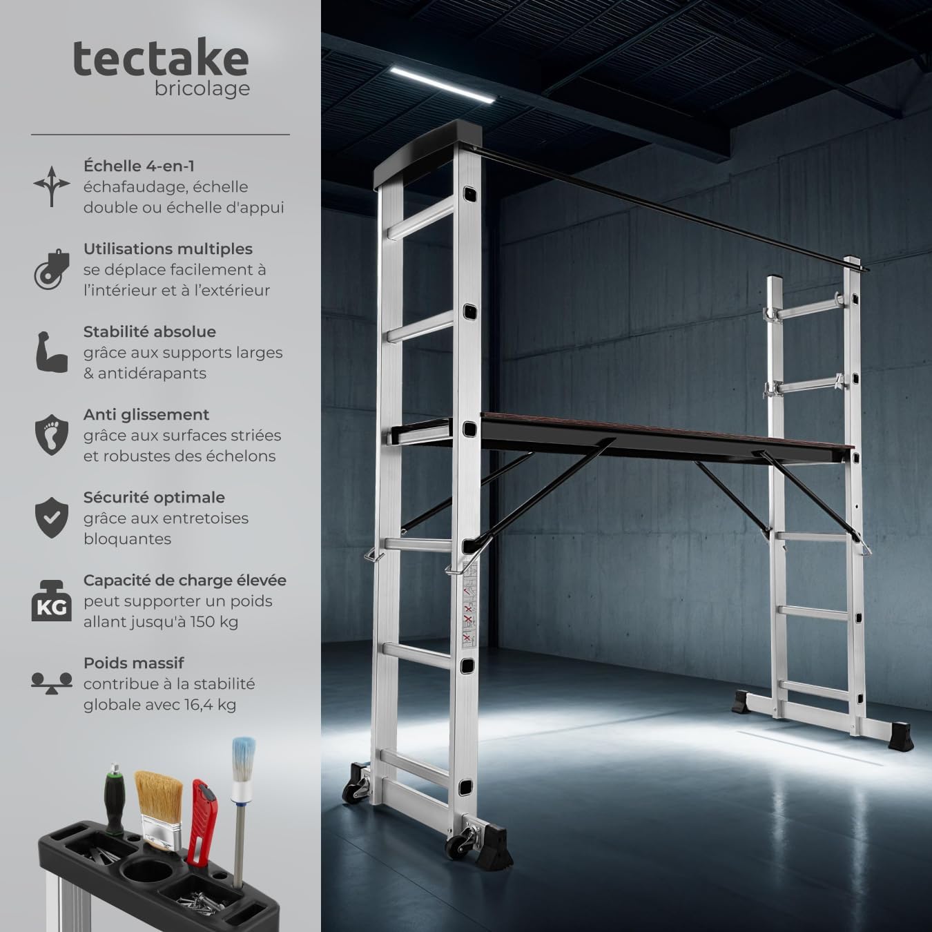 tectake® Échelle Multifonction 3 en 1 Échafaudage Roulant en Acier Plateforme de Travail Antidérapante Échelle Téléscopique Échelle Pliante Escabeau Pliant Bricolage Peinture Toiture – Image 8