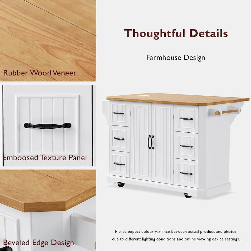 Expandable Drop-Leaf Kitchen Island, Kitchen Cart on 4 Wheels with Power Outlet, Moveable Island Table with 2 Door & 6 Drawers – Image 28