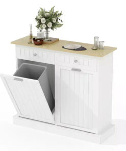 20 Gallons Tilt Out Trash Cabinet, 2 Door Wood Garbage Recycling Cabinet with Drawer, Freestanding Pet Proof Trash Bin for Kitchen Living Room