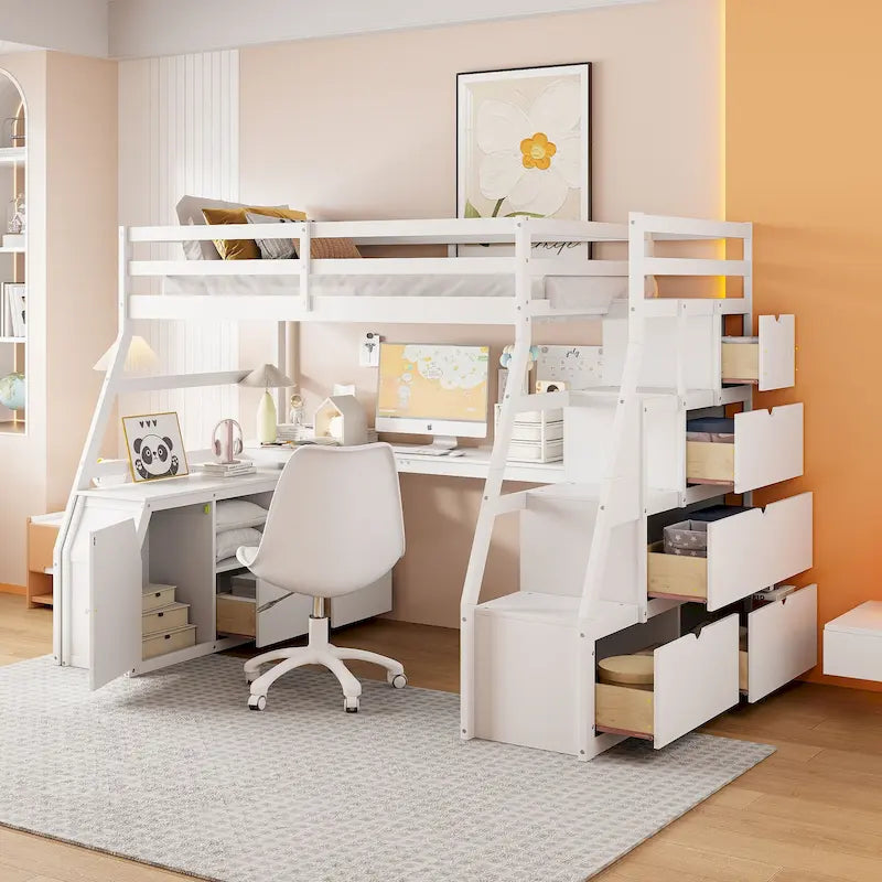 Full Pine Loft Bed with Desk and Storage – Image 12