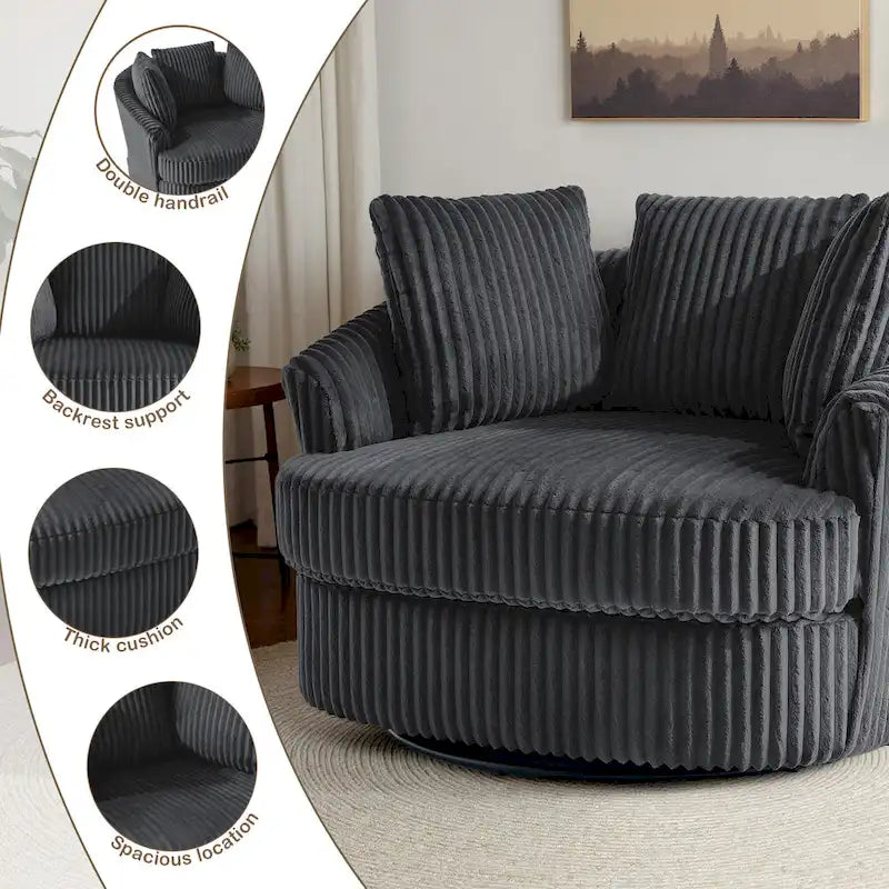 2 Set Oversized 43 W Plush Corduroy Swivel Barrel Chair with Pillows – Image 32