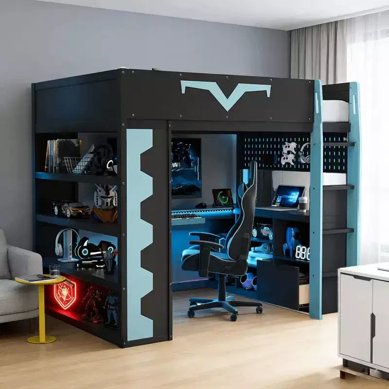 Luxystar Modern Gaming Full Loft Bed With Lighted Desk And Keyboard Tray, Pegboard, Storage Bookcase