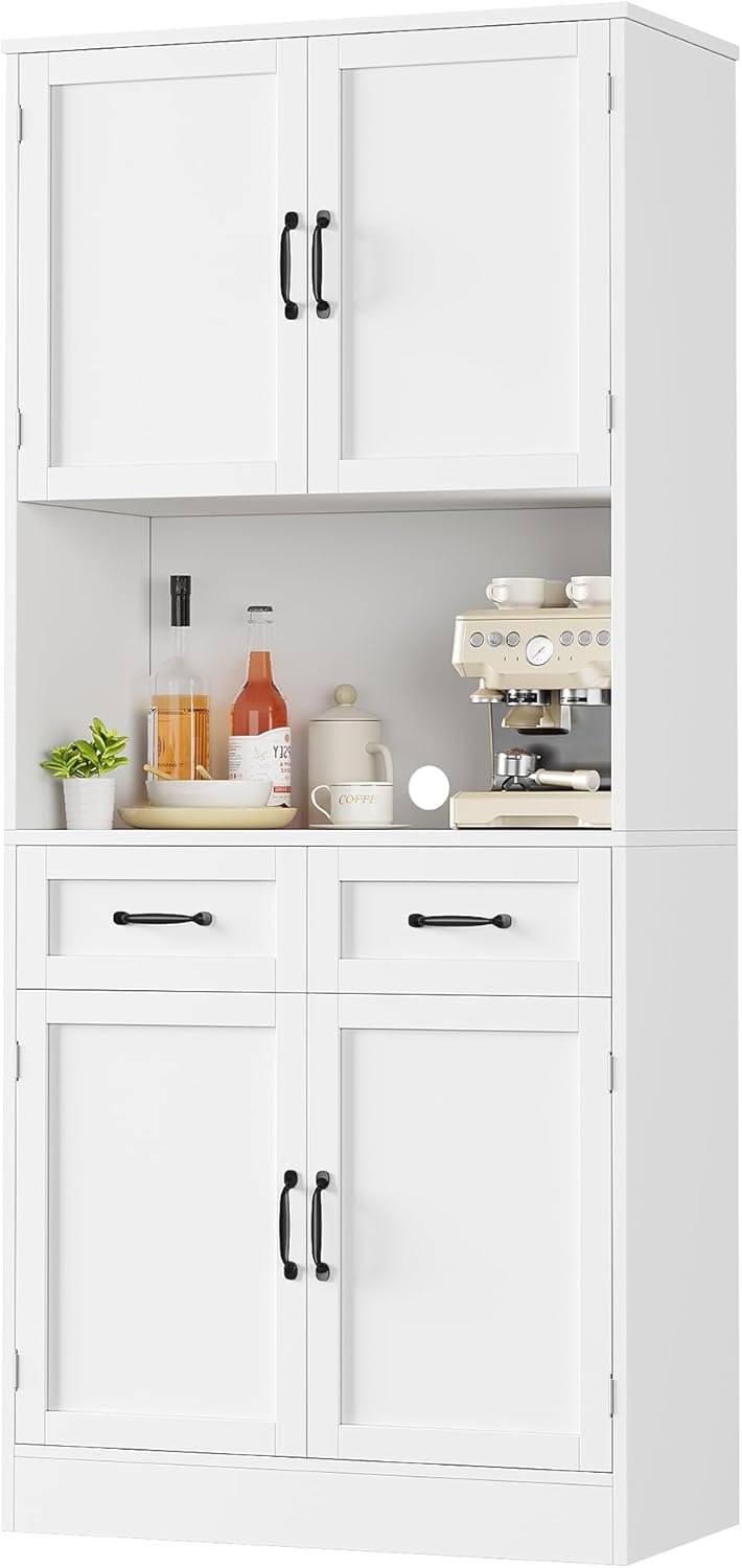 HOCSOK Buffet Haut Cuisine, 180 cm Armoire Cuisine avec 4 Portes et 2 Tiroirs, Meuble de Rangement avec Etagères Réglables, Vaisselier Vitrine, Blanc – Image 7