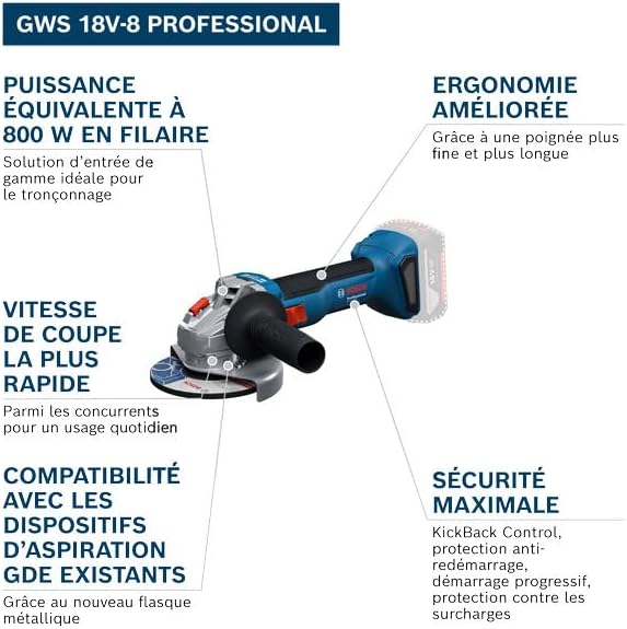 Bosch Professional 18V System meuleuse angulaire sans-fil GWS 18V-8 (diamètre de disque 125 mm, avec 2 batteries GBA 5,0 Ah, chargeur GAL 18V-40, L-BOXX) – Image 2