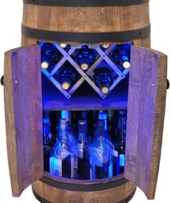 weeco Tonneau Bar en Bois avec Portes – Éclairage LED RGB – Casier à vin intégré – 2 étagères – Armoire Bar Rustique – Meuble Rangement Bouteilles – 80x50cm – Marron foncé