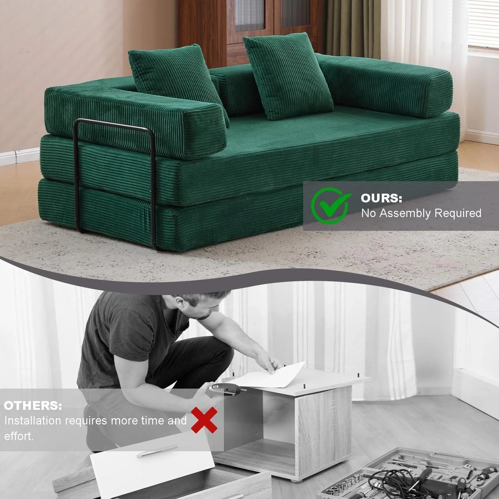 Convertible Floor Sofa Bed with Pillow Back Chenille Fabric for Living Room Bedroom – Image 21
