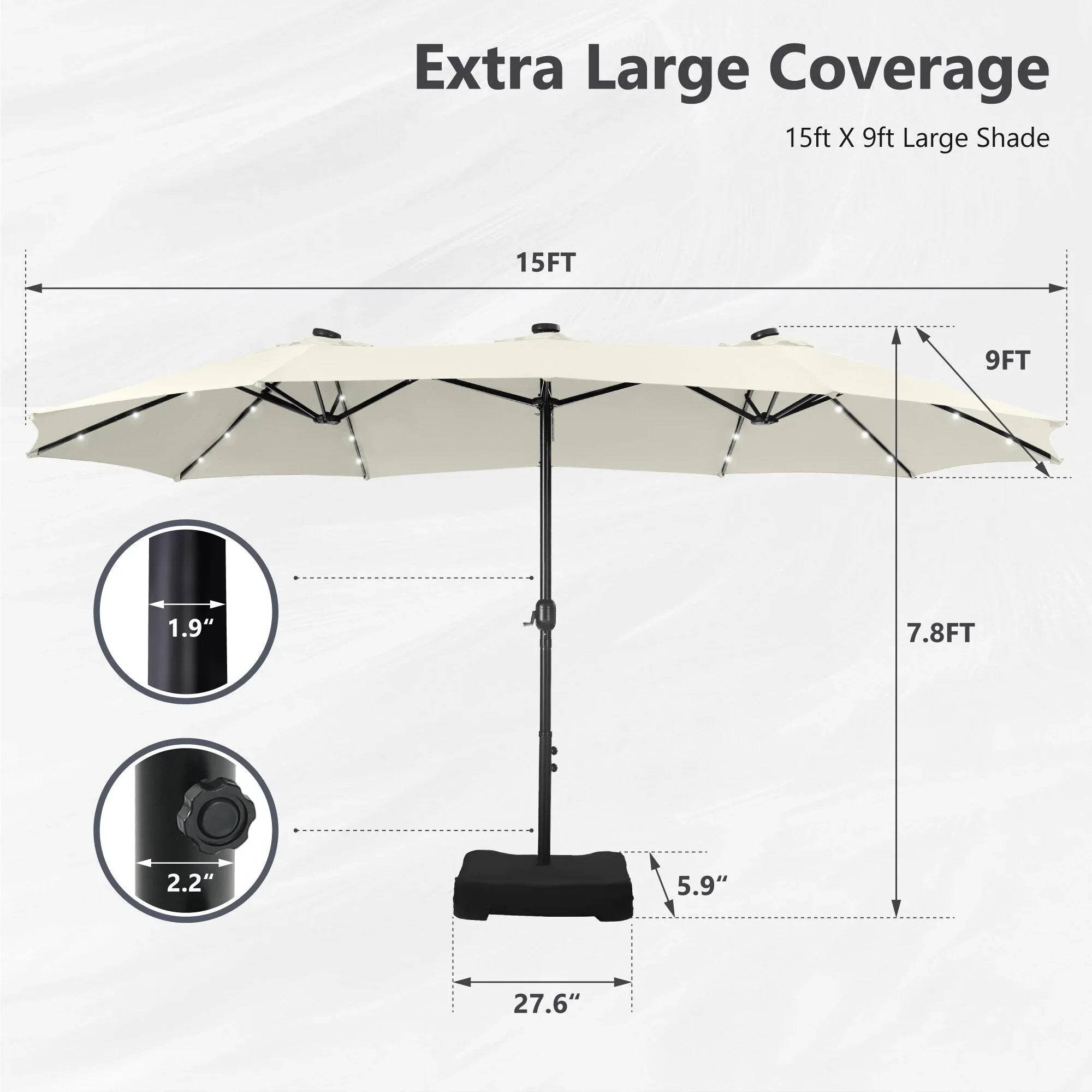 MAISON ARTS 15-foot Rectangular Crank Double-sided Outdoor Market Umbrella Solar LED Lighted Patio Umbrella with Base Included – Image 23