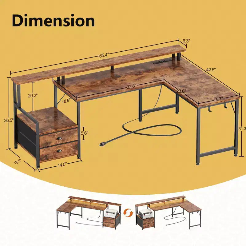66 L-Shaped Gaming Desk with RGB LED, Charging Station, 2 Drawers & Monitor Stand – Brown – Image 5