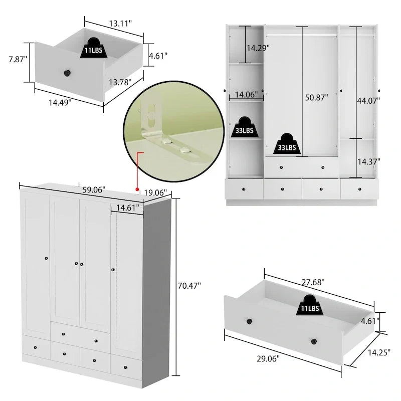 Wardrobe Armoire Closet 59W Large Freestanding Wardrobe Cabinet White – Image 22