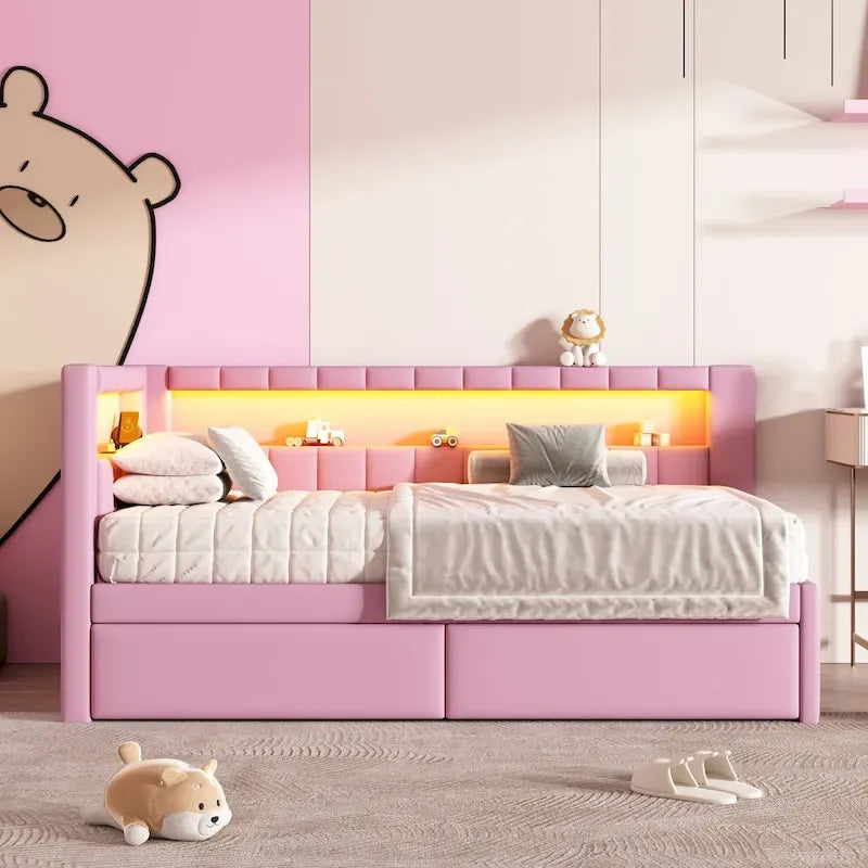 Upholstered Platform Bed with USB Ports & LED Lighting - Full/Twin Size Bed Frame with 2 Storage Drawers - Modern Bedroom – Image 20