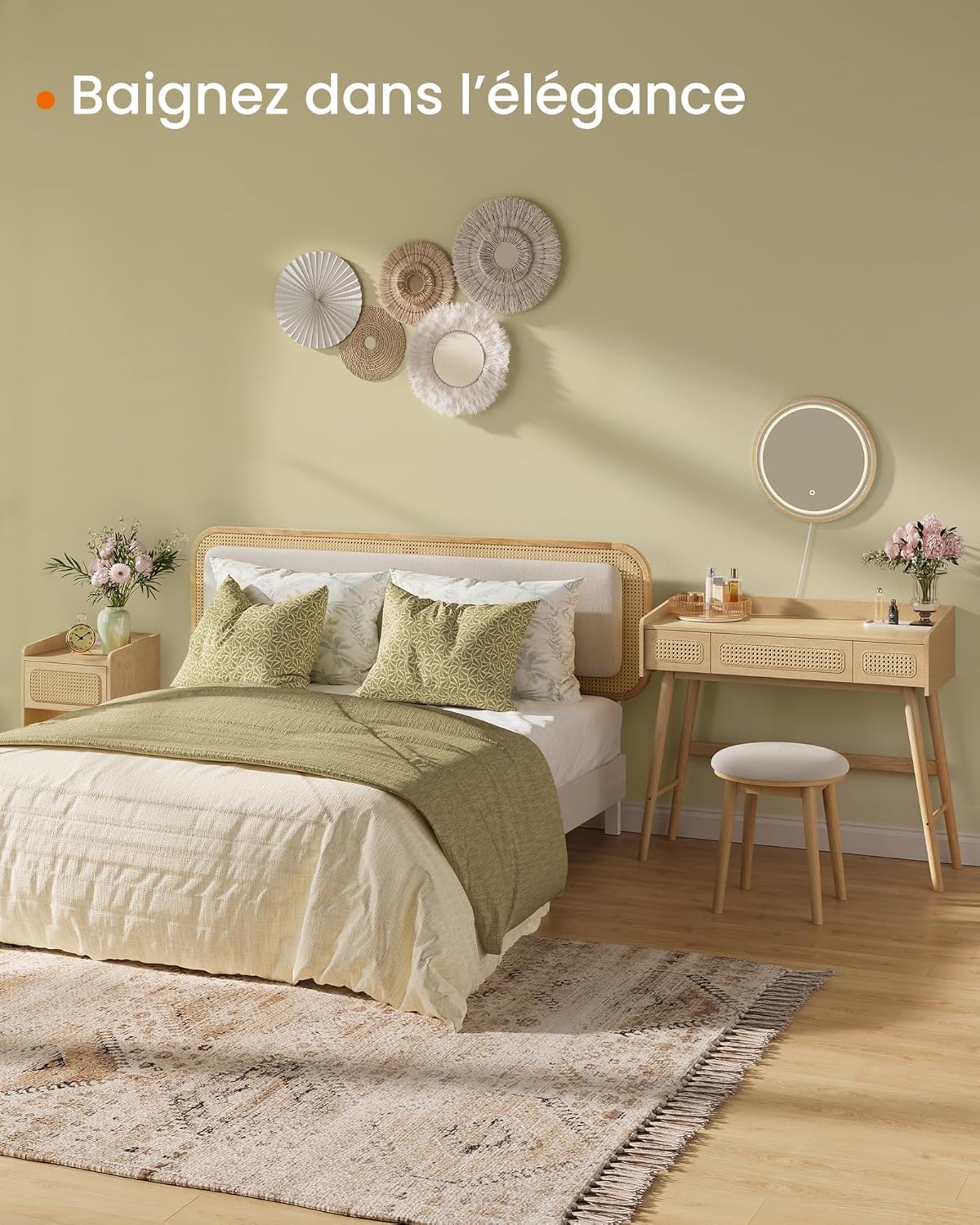 SONGMICS HOME Coiffeuse avec Miroir et Lumière, Table de Maquillage, 3 Tiroirs Imitation Rotin, Lumière Réglable avec 3 Couleurs, Style Bohème, Chambre, Beige Chêne RVT007Y01 – Image 3