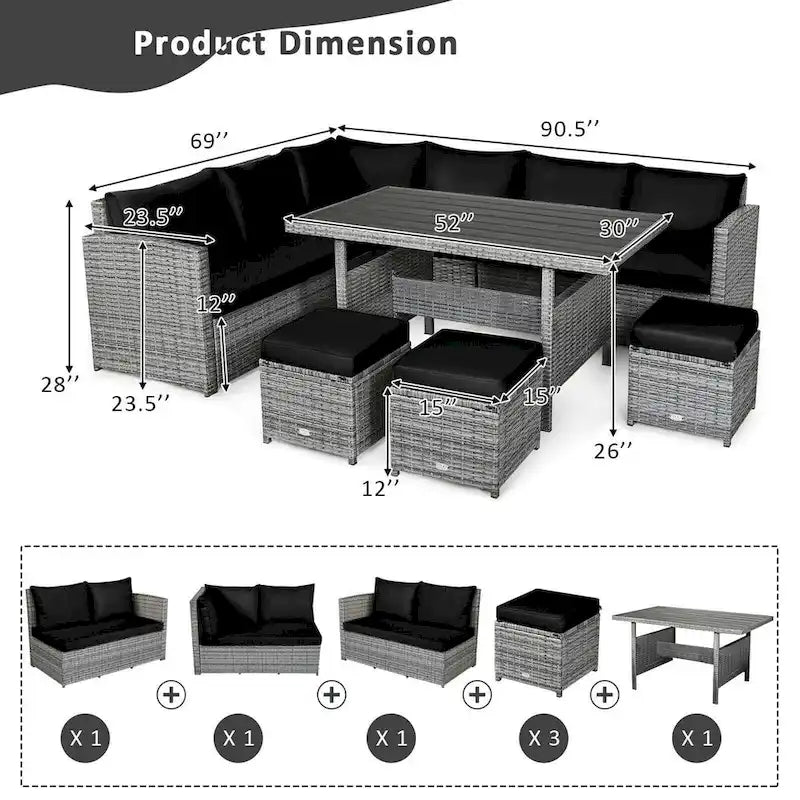 7 Pcs All-Weather Patio Rattan Dining Furniture Sectional Sofa Set with Wicker Ottoman and Cushed Couch – Image 13