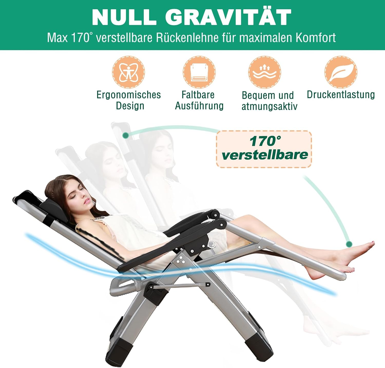 Chaise longue pliable, chaise de terrasse, capacité de charge 200 kg, chaise zéro gravité avec coussin de soutien, porte-boissons, chaise longue de jardin extra large réglable pour patio – Image 4