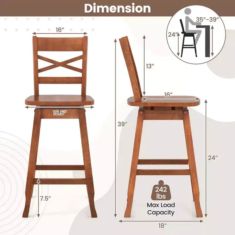 Costway 2 PCS 24/30 Counter/Bar Height Stool Rubber Wood Swivel Bar Stool with Inclined Backrest Walnut – Image 3