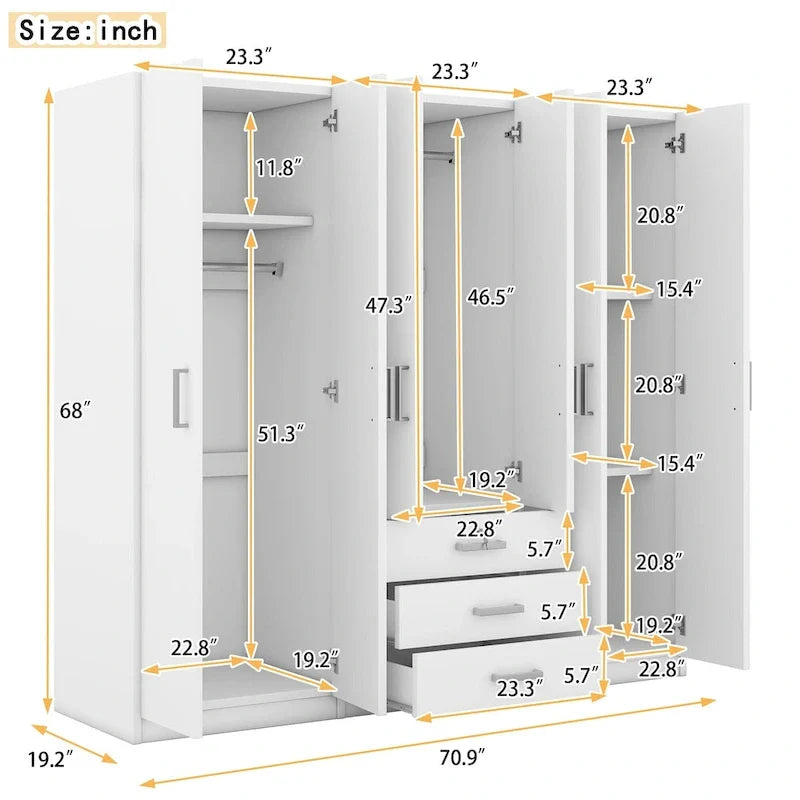 6-Doors Wooden Wardrobe Storage with 3 Big Drawers for Bedroom – Image 14