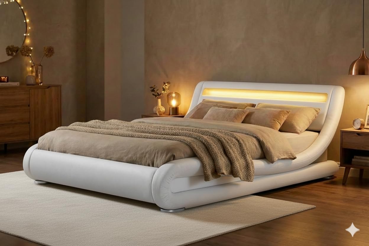 CONCEPT USINE Lit Double Seattle 140x190 cm avec LED Design Moderne en Simili Blanc Tête de Lit Lumineuse Télécommande LED 4 Couleurs Incluse Structure Plywood Solide et Sommier 2 Places