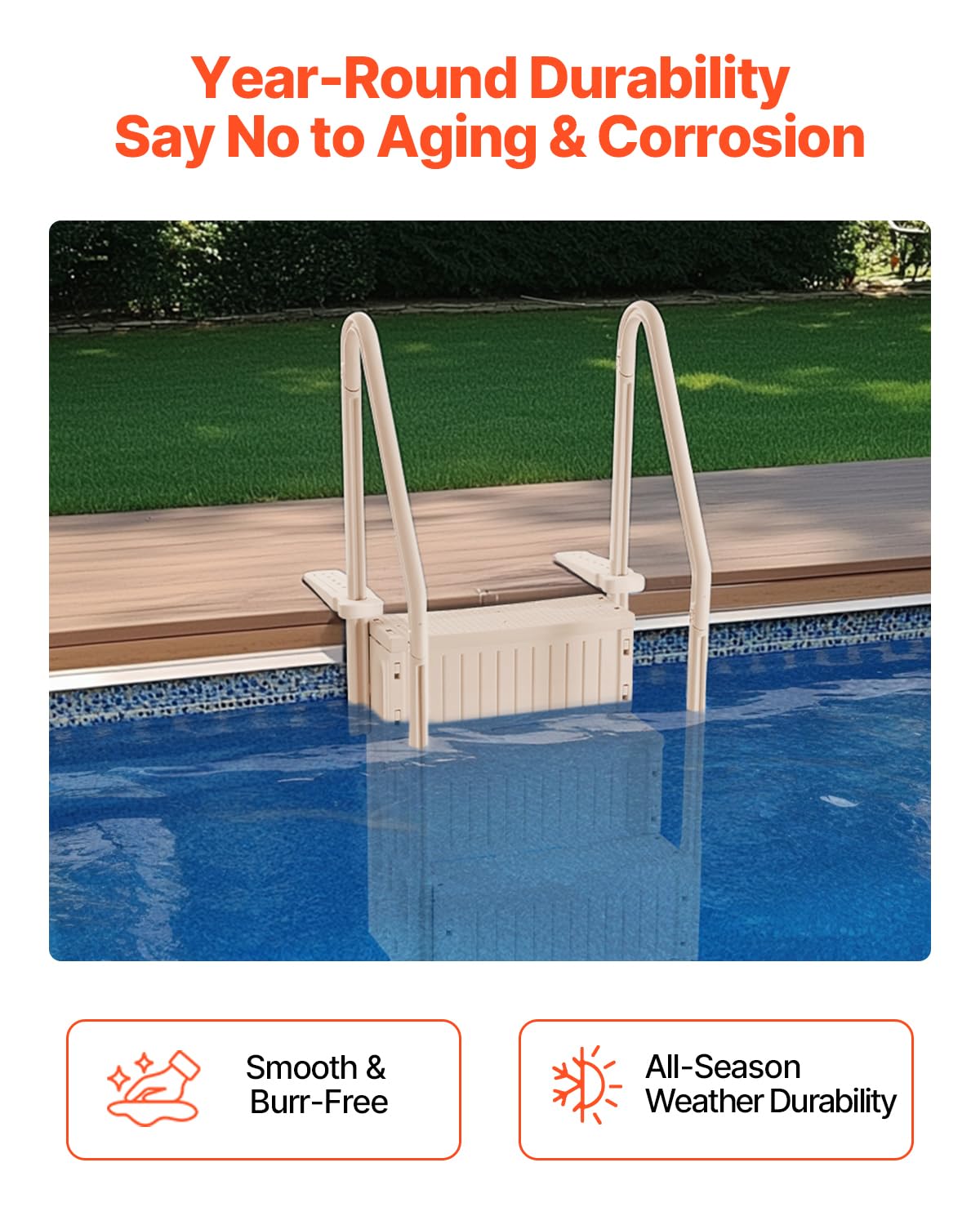VEVOR Escalier de Piscine en Plastique avec 2 Rampes, 4 Marches Antidérapantes, Capacité de Charge 181,4 kg, pour Piscines Creusées Hors Sol 122-137 cm, Terrasse, Maison, Intérieur, Extérieur, Taupe – Image 5