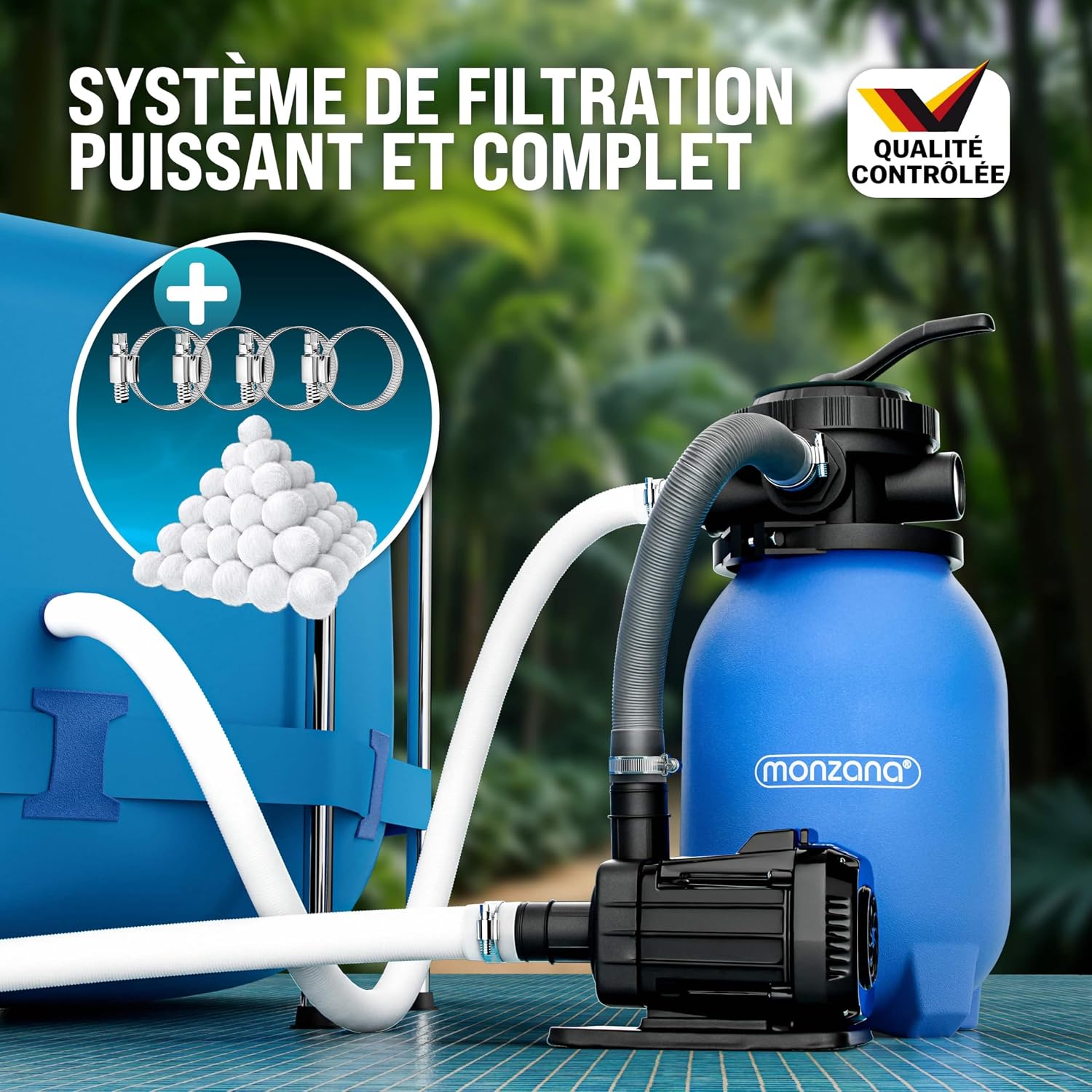 MONZANA® Pompe filtre à sable 5 m³ auto-amorçante pour piscines jusqu'à 15 m³ boules vanne 7 voies raccord 2en1 Ø32-38mm système de filtration à sable – Image 3