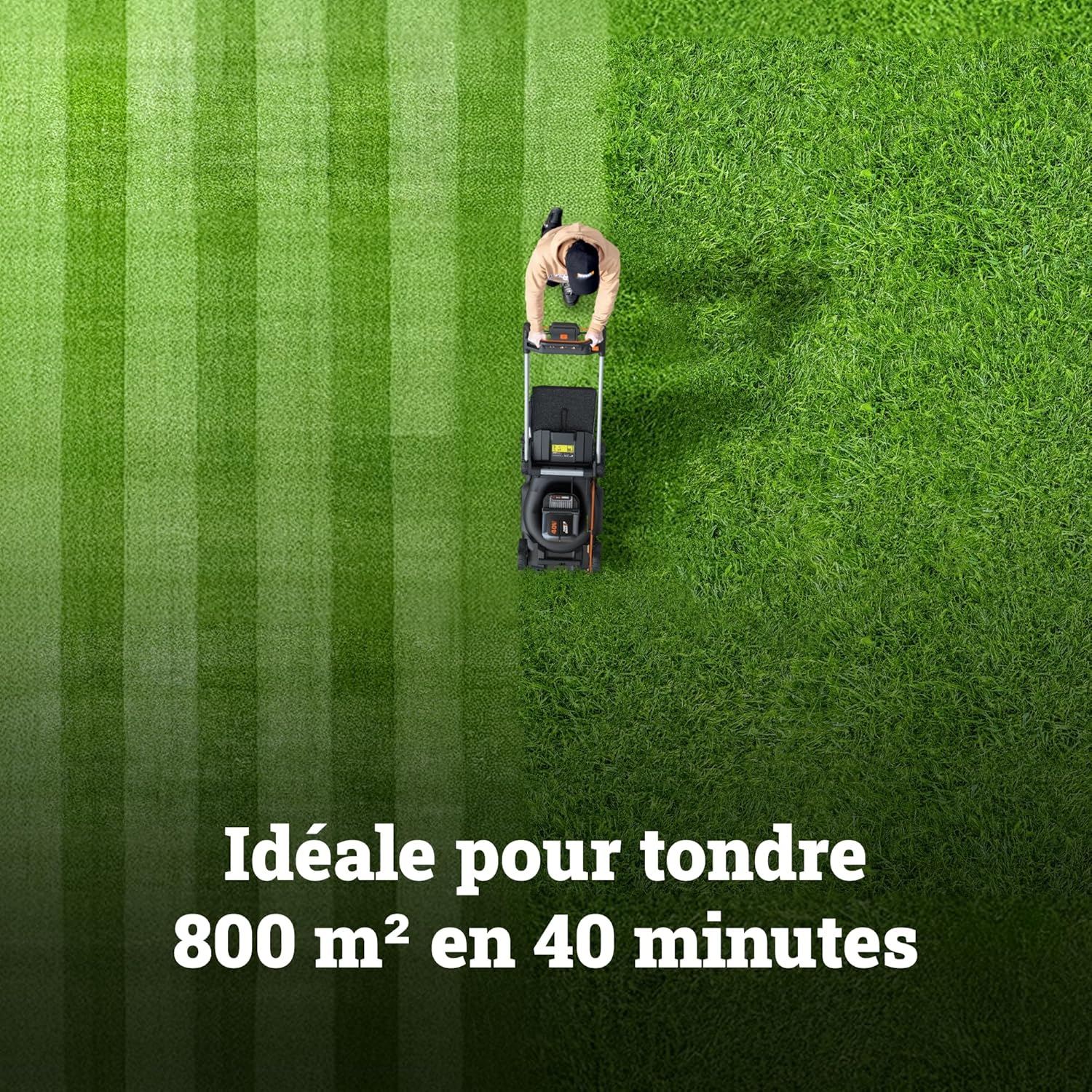 WORX Tondeuse à Gazon tractée Brushless sans Fil 40V WG749E, jusqu'à 500m² sur Une Charge, diam. 46cm, Coupe jusqu'aux Bordures, Sac de 55 L, Mulching, livée avec 2 Batteries 4Ah et Chargeur – Image 5