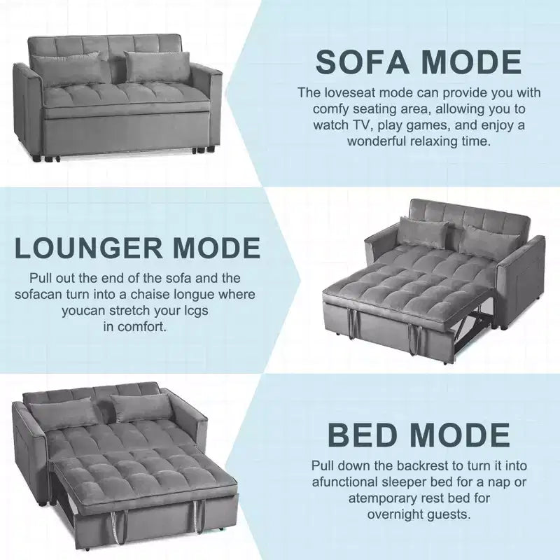Cement Gray 3 in 1 Velvet Convertible Sleeper Sofa Bed with Pillows and Pockets, Modern Pull Out Couch Bed, Adjustable Backrest – Image 16