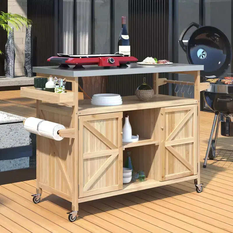 Outdoor Kitchen Island with Stainless Steel Top, Wooden Kitchen Cart with Doors, Shelves and Spice Rack, Rolling Kitchen Island – Image 23