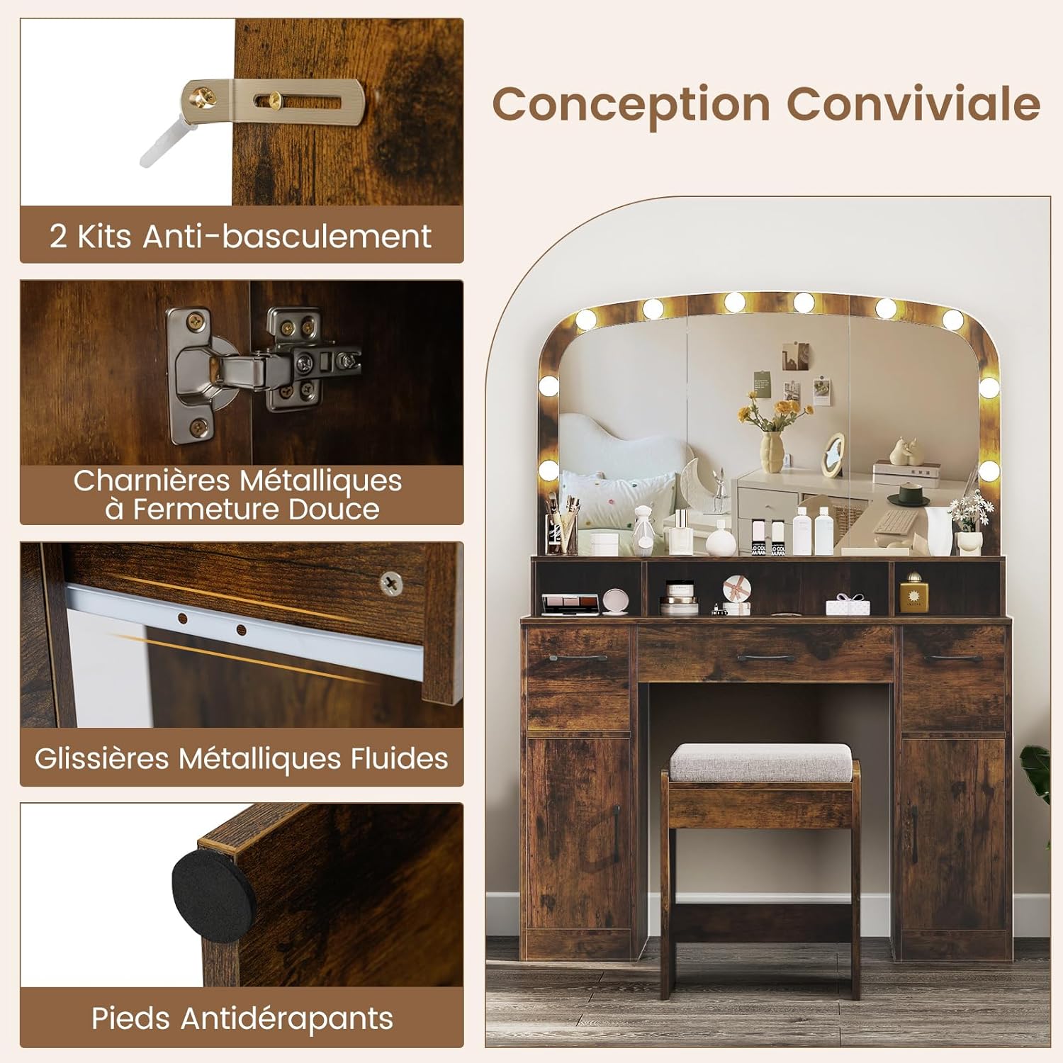 COSTWAY Coiffeuse avec Miroir et Tabouret, Coiffeuse avec Rangement, Station de Charge, 3 Couleurs de Lumière, Table de Maquillage 108 cm de Large, 3 Compartiments, 3 Tiroirs, 2 Armoires Industriel – Image 7