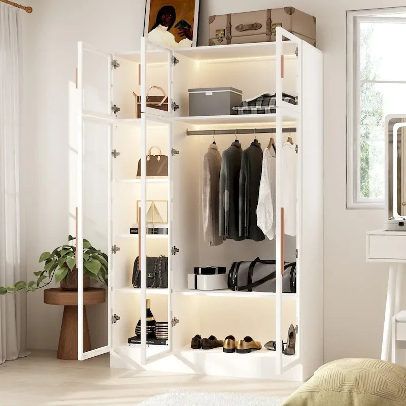 47.2 Wide Armoire LED Light All Glass Door Closet Cabinet Wardrobe – Image 12