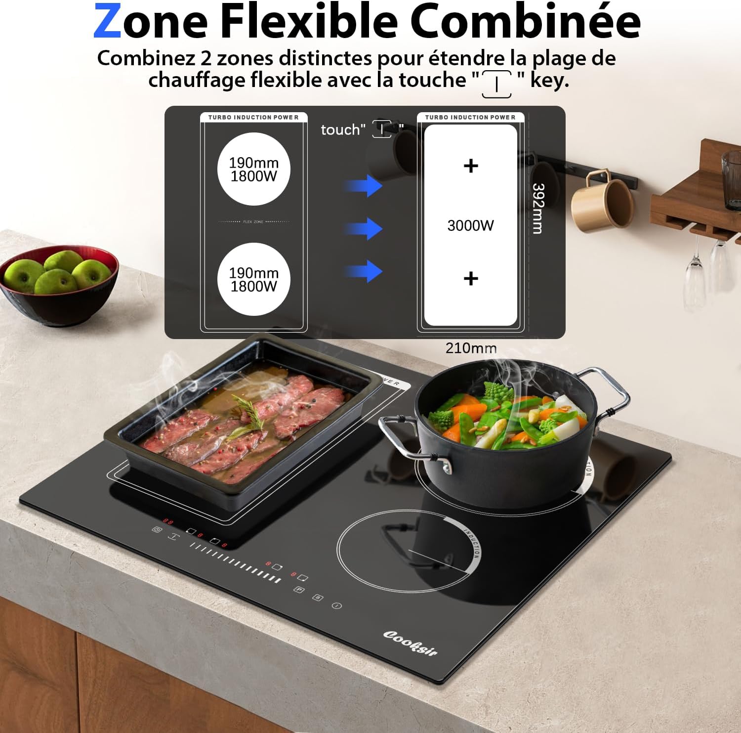 Plaque Induction 4 Feux avec Prise, Table de Cuisson Induction Encastrable 60cm, Plaque Electrique 4 Feux 3500W, Zone Combinée pour le Gril, Commande Tactile à Curseur, 220V – Image 2