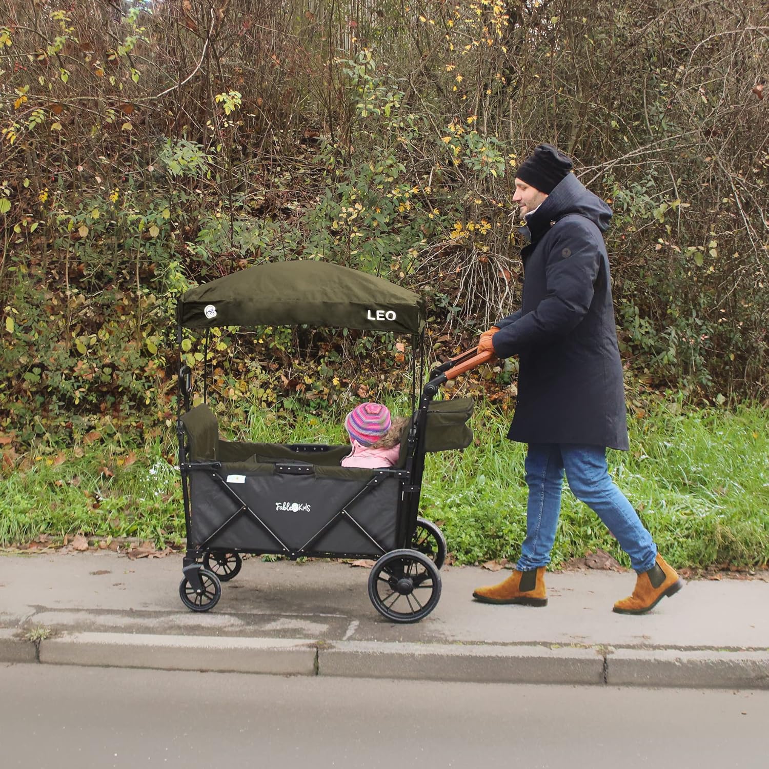 FableKids Chariot Leo X2Lite avec Toit 2 Places Chariot de Transport Pliable Sac arrière Harnais 5 Points Roues 360° Couverture Anti-poussière Incluse Oxford 600D Vert Safari – Image 2