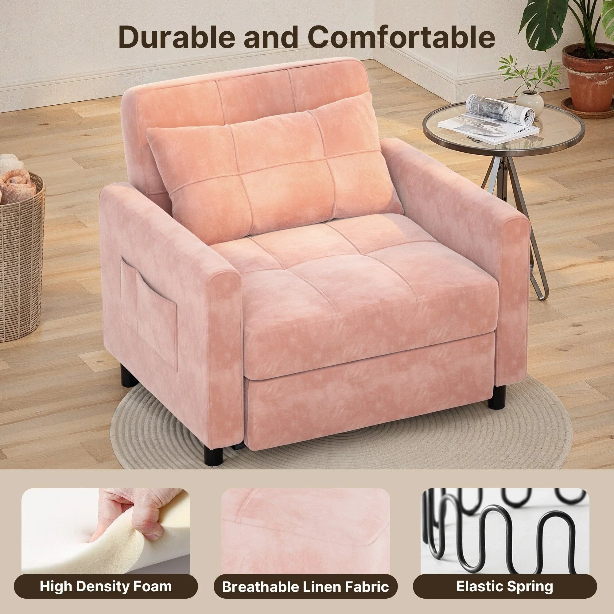3-in-1 Adjustable Sleeper Sofa Bed, Pull Out Chair Sofa, Convertible Folding Bed for Living Room – Image 4