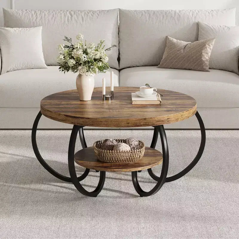30 Inch Round Industrial Coffee Table 2-Tier with Adjustable Feet Wood Grain Shelf Flame Design Easy Assembly Living Room – Image 7