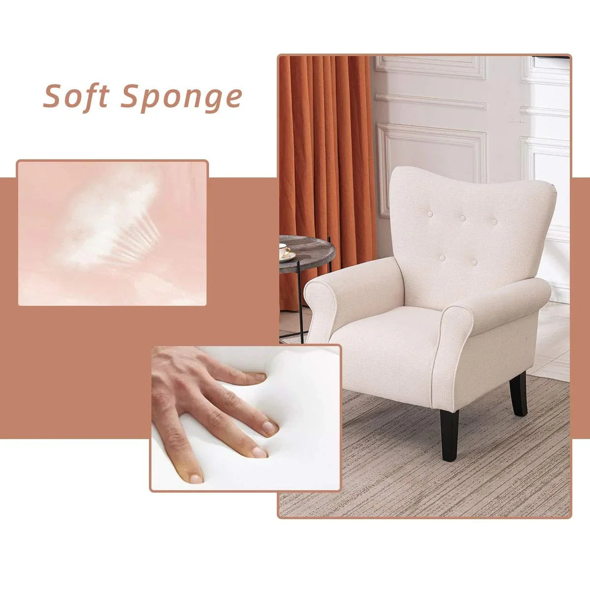Erommy Modern Accent Chair, High Back Armchair, Upholstered Fabric Button Single Sofa with Wooden Legs for Living Room – Image 137