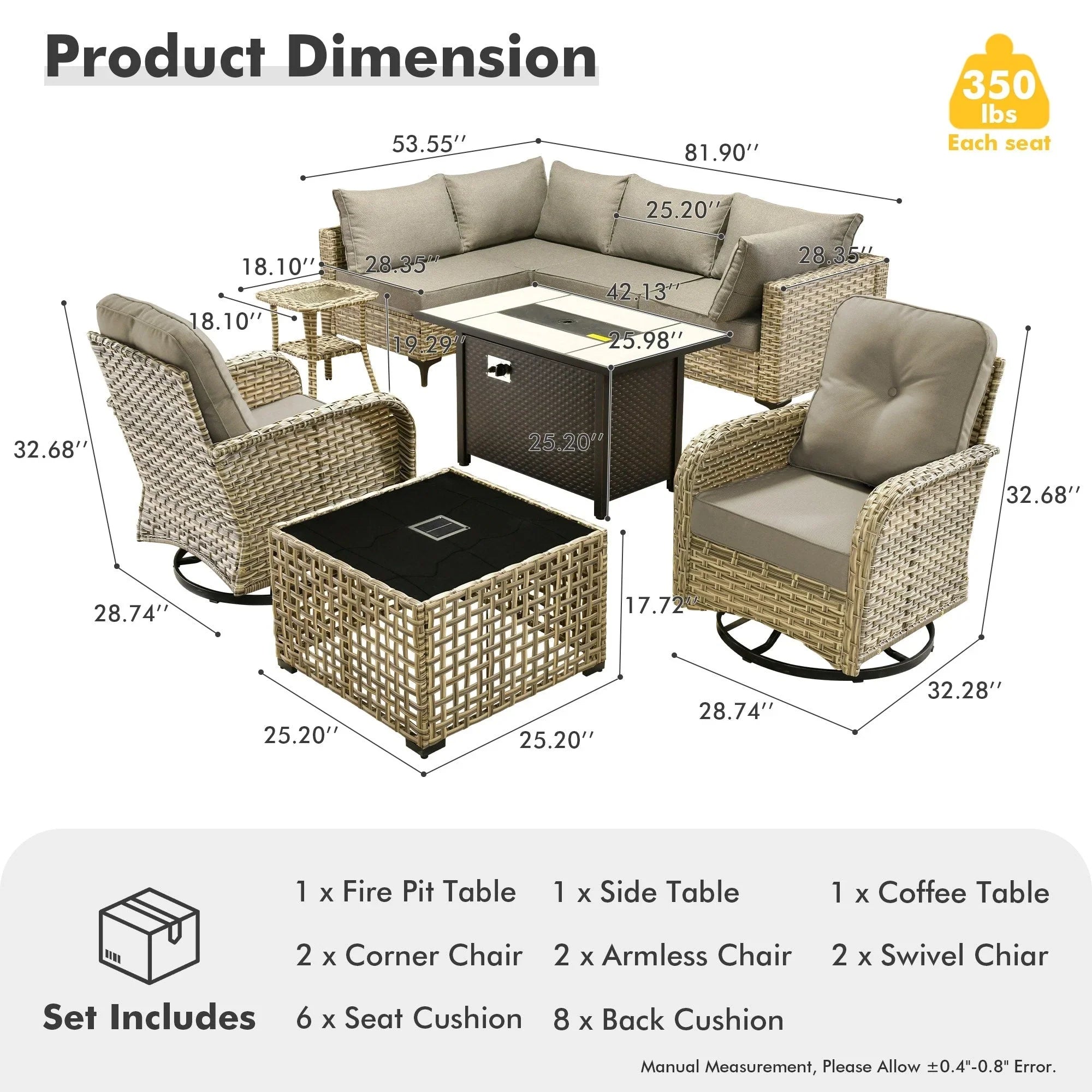 OVIOS 9 Pieces Outdoor Wicker Swivel Chair Set With Fire Table – Image 67