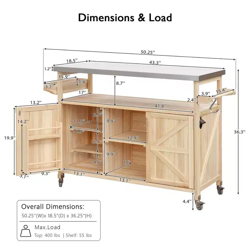 Outdoor Kitchen Island with Stainless Steel Top, Wooden Kitchen Cart with Doors, Shelves and Spice Rack, Rolling Kitchen Island – Image 28