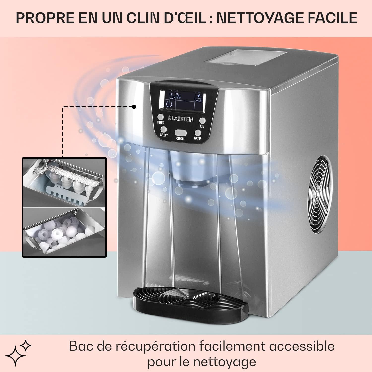 Klarstein Machine a Glacons pour la Maison, Capacité de 2L, Fabrique Rapidement Jusqu'à 12kg de Glacons, Alarmes de Sécurité, Machine à Glaçons de Comptoir, Ice Maker, Distributeur Eau Froide – Image 2