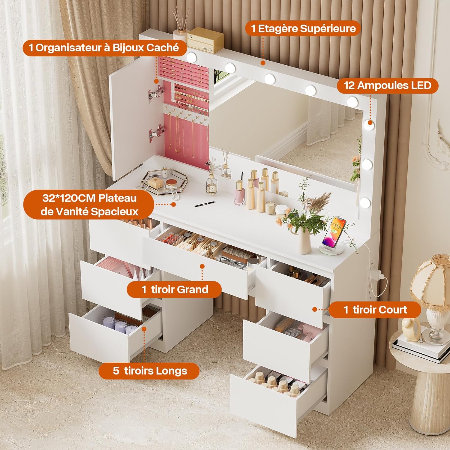 TRIUMPHKEY Coiffeuse avec Grande Miroir et Multiprise, 12 Ampoules LED Réglables, Table de Maquillage avec 7 Tiroirs, Rangement de Bijoux, 120x40x140cm Grande Commode Moderne Blanc – Image 7