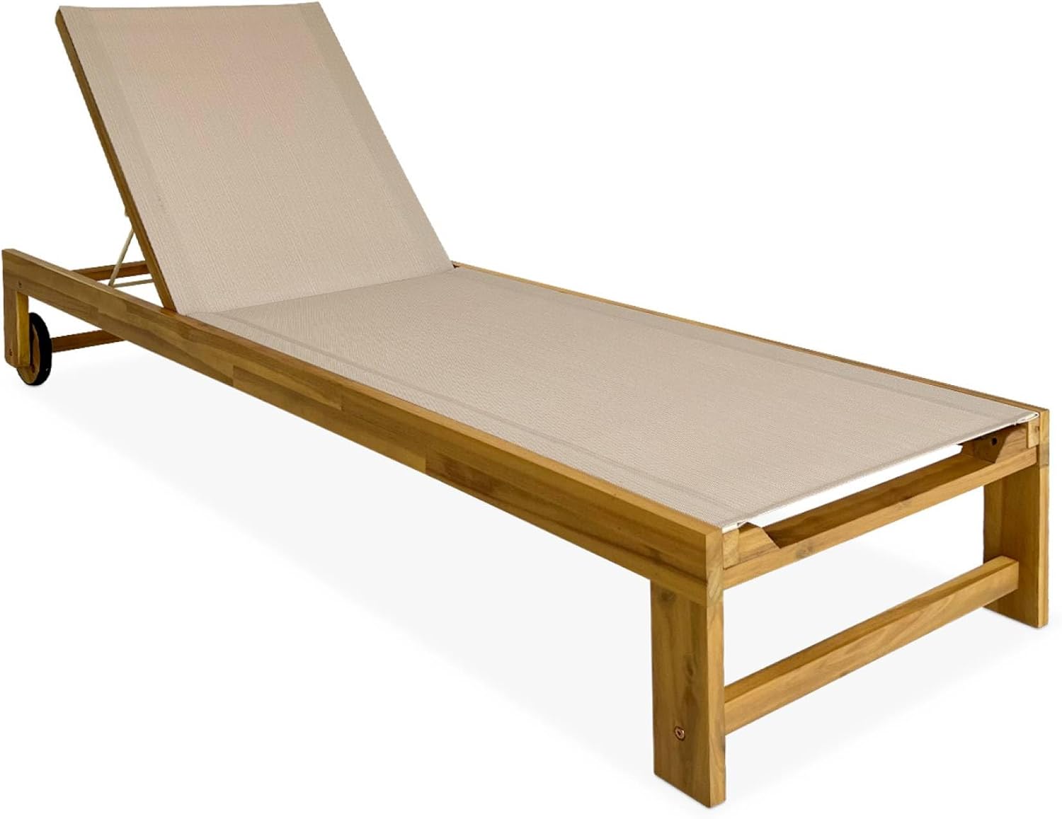 sweeek - Lot de 2 Bains de Soleil en Bois d'acacia et textilène Beige. Multi Positions avec roulettes – Image 8