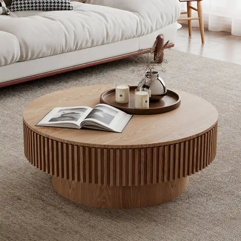 Modern Solid Wood Veneered Round Coffee Tea Table with Storage – Image 32
