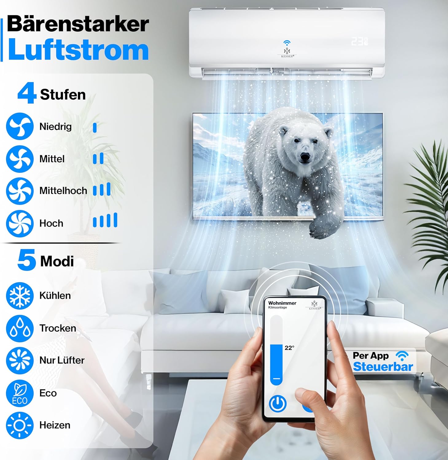 Kesser® Kit de climatisation Split Quick Connect 12000 BTU 3,4 kW – Appareil climatiseur WiFi & App avec fonction de chauffage & mode de refroidissement Climatiseur mural, avec tuyauterie en cuivre – Image 7