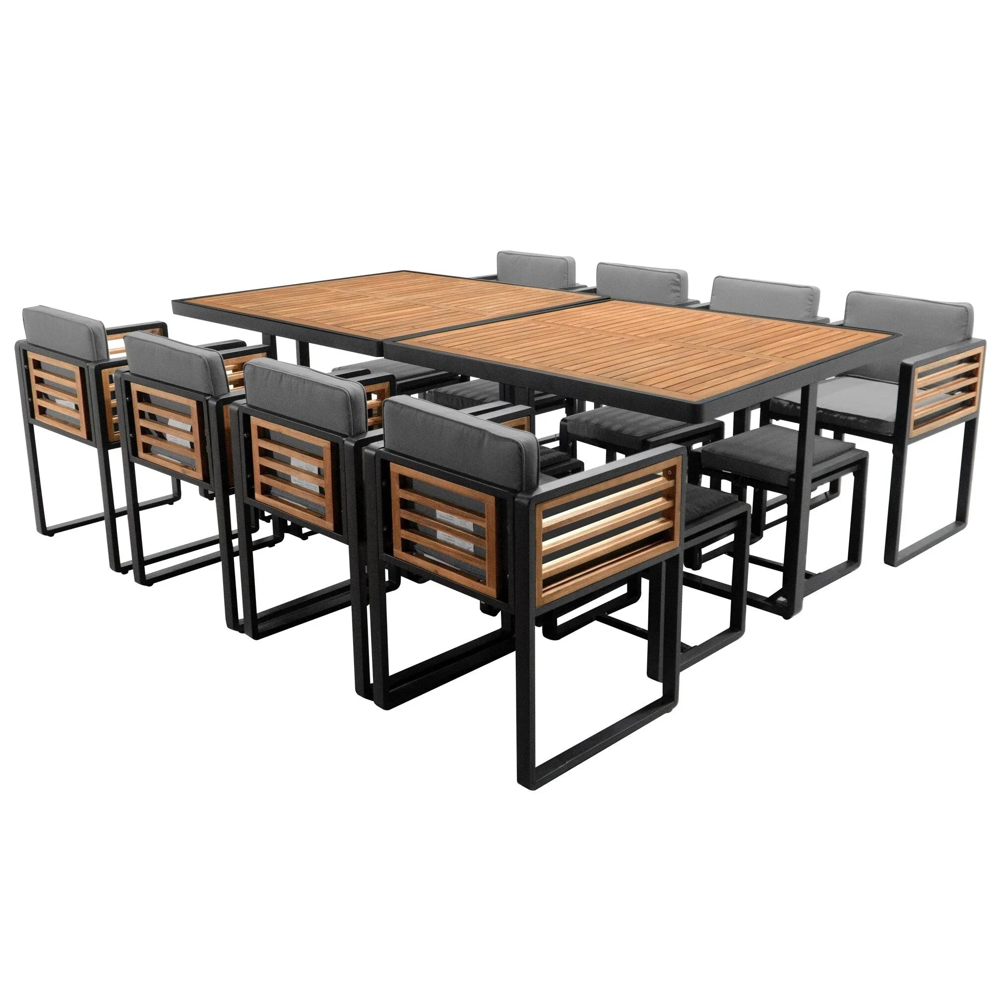 18-Pieces Acacia Wood Patio Dining Set, 8 Cushioned Chairs & 8 Ottomans & 2 Square Table – Image 8