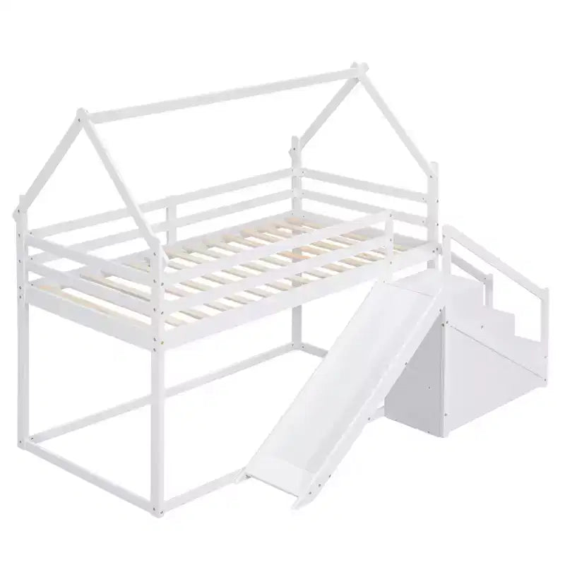 House Bunk Beds with Slide and Storage Stairs, Kids Wood Twin over Twin Bunk Bed with Roof and Stairs for Girls Boys – Image 28
