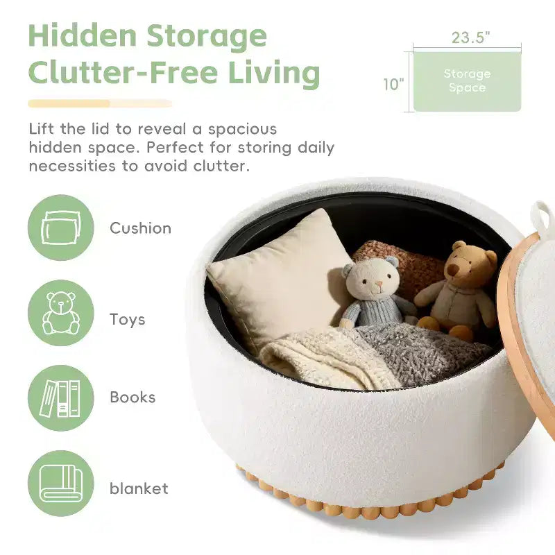 Polibi Round Storage Ottoman with Solid Wood Cylinder Base & Reversible Lid – Image 9