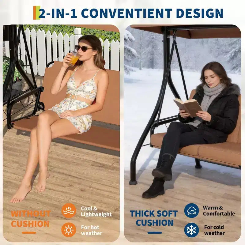 Coolmee 3 Seat Outdoor Porch Swing, 2-in-1 Patio Swing Chair with Thickened Removable Cushions, Weather Resistant Steel Frame for Backyard, Garden – Image 6