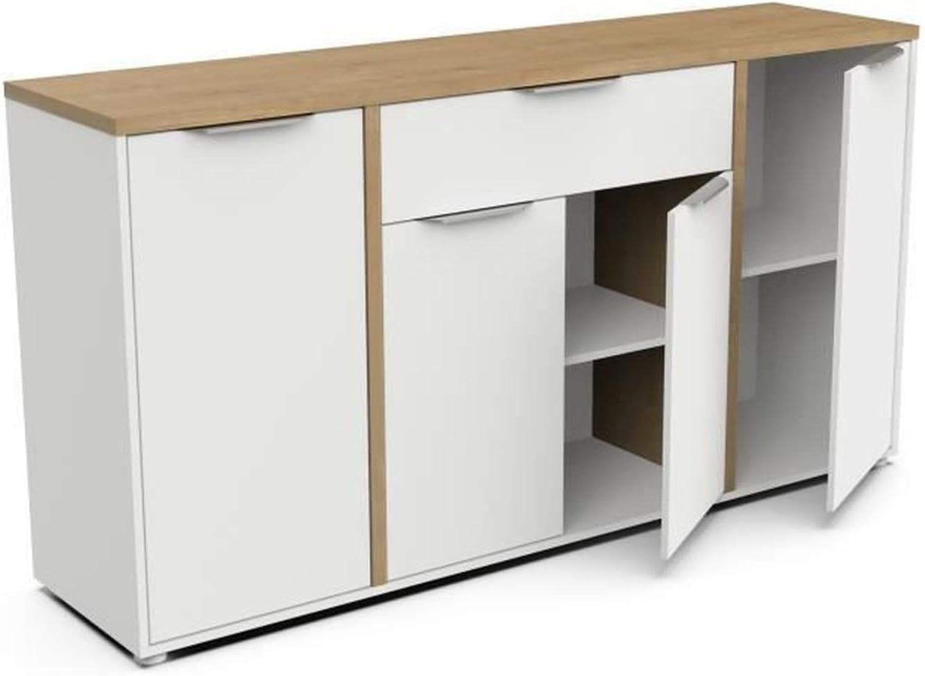 Buffet Moderne 4 Portes et 1 Tiroir - Style Scandinave - Coloris Blanc Mat et Chêne Hamilton - 160,7 x 39,6 x 85,6 cm – Image 4
