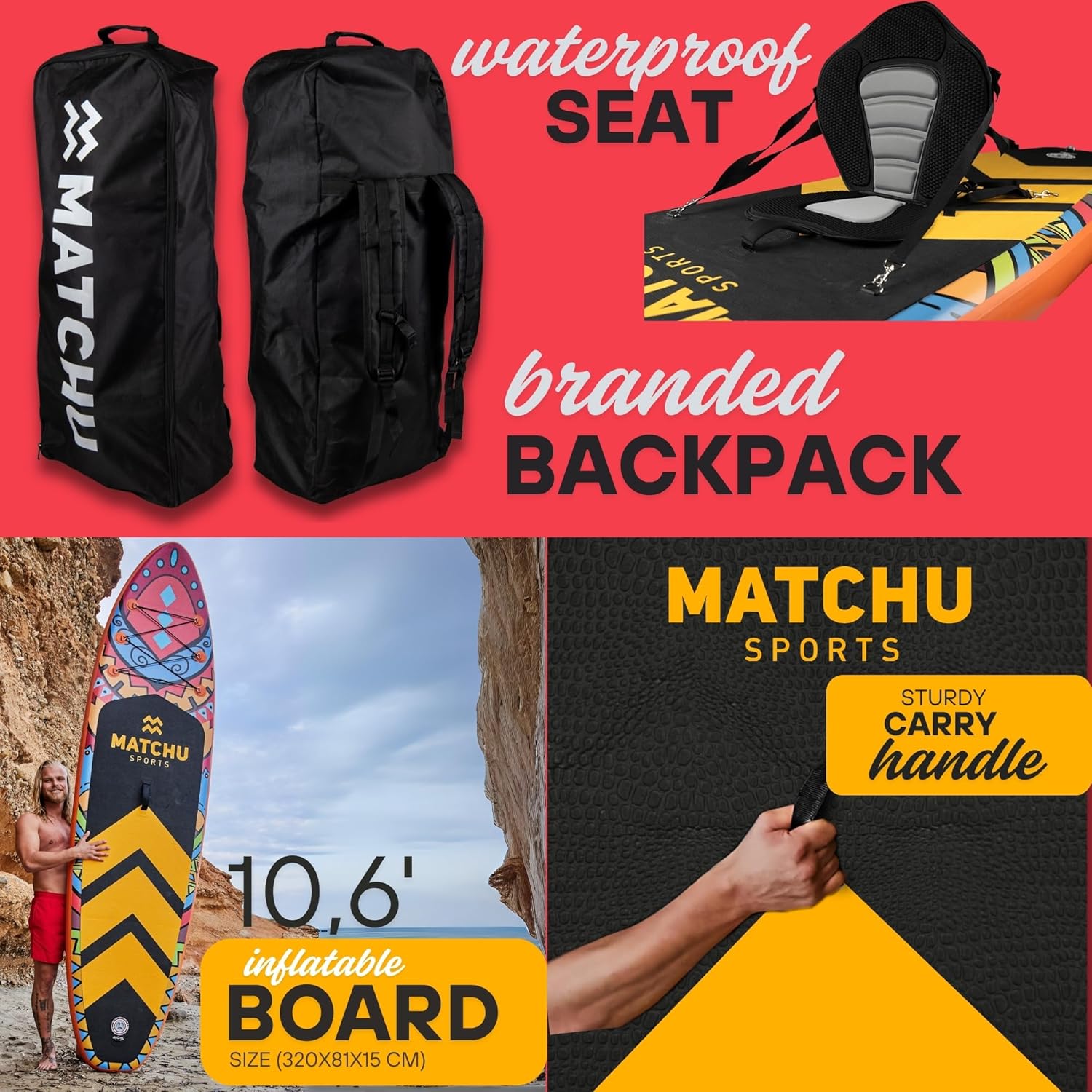 MATCHU - Paddle Gonflable - Stand Up Paddle - Ensemble Complet - Gonflable - Antidérapant - 320x81x15 CM - Capacité de Charge: 150 KG - pour 2 Personnes - pour Adultes et Enfants – Image 4
