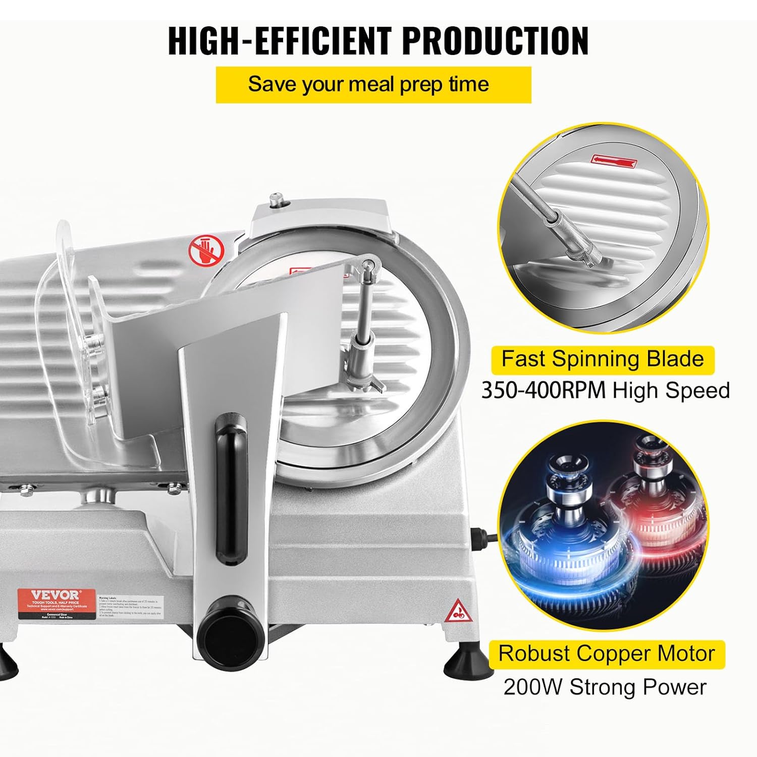 VEVOR Trancheuse Électrique Commerciale 200 W Trancheuse à Jambon Lame 203 mm 350-400 tr/min Trancheuse Charcuterie en Acier Inoxydable et Alu pour Couper en Tranches Viande Fromage Légumes Fruits – Image 3