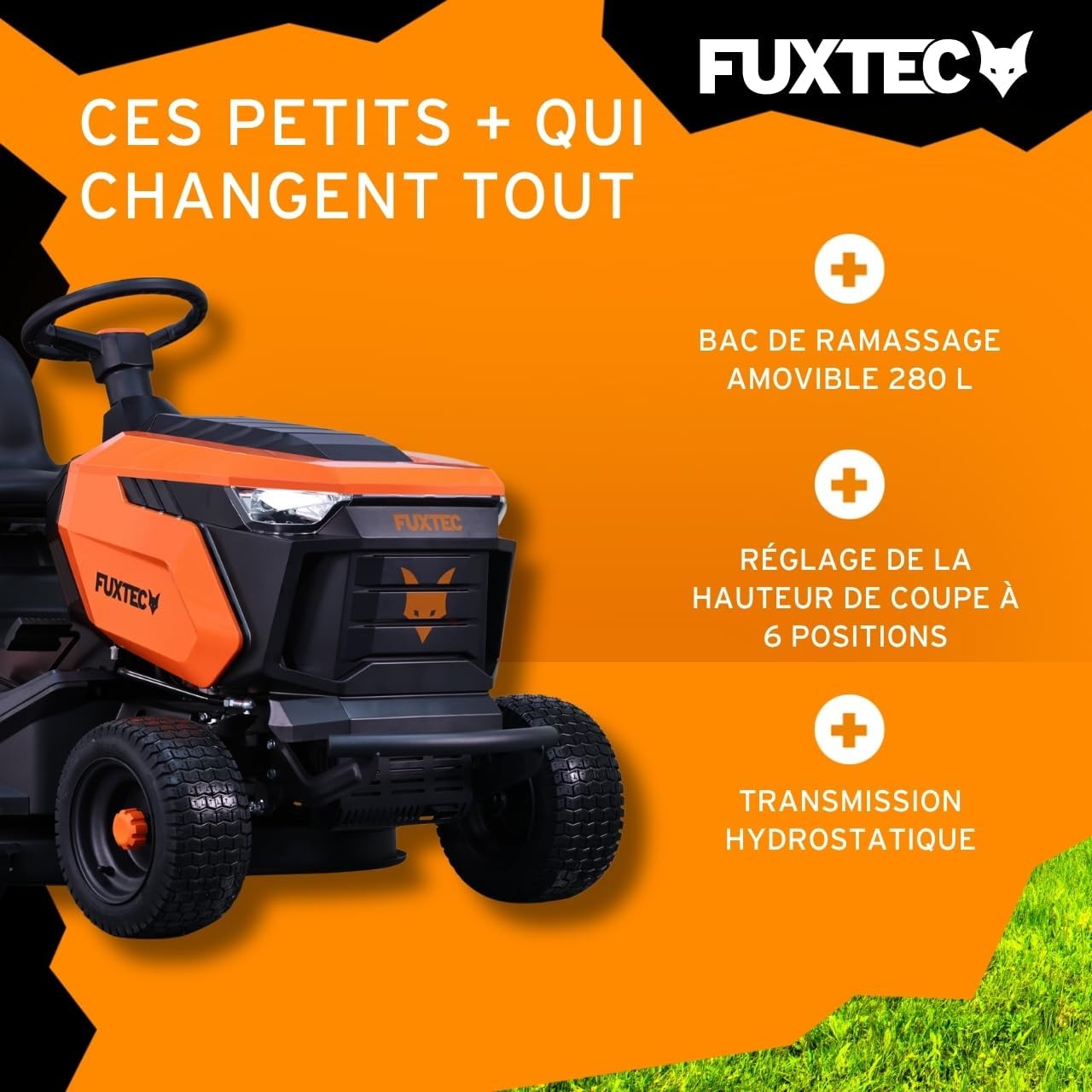 FUXTEC FX-RMT92A – Tondeuse autoportée hydrostatique – Tracteur de pelouse Essence 9,2 KW – Largeur de Coupe 92,5 cm – Bac 280 L – 6 hauteurs de Tonte – LED Automatique – Fonction Mulching intégrée – Image 4